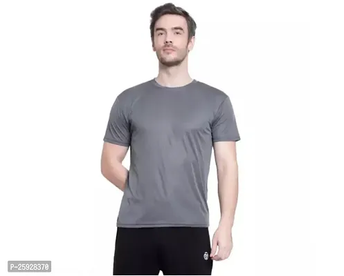 Fabulous Grey Polyester Solid Round Neck Tees For Men-thumb0