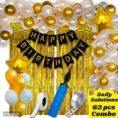 Happy Birthday Decoration Kit Combo Set 63Pcs Birthday Bunting Golden Foil Curtain Metallic Confetti Balloons With Balloon Pump Glue Dot Happy Birthday Decorations Items-thumb0