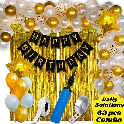 Happy Birthday Decoration Kit Combo Set - 63pcs Birthday Bunting Golden Foil Curtain Metallic Confetti Balloons With Balloon Pump  Glue Dot - Happy Birthday Decorations Items