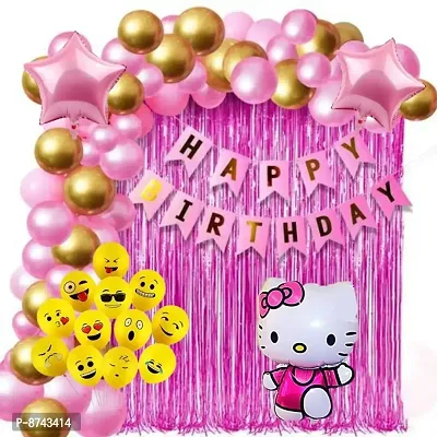 Decoration Combo Set of Pink Happy Birthday Banner, 2 pcs Pink Curtains, 30 pcs Golden Pink Metallic Balloons, 1 pc Kitty Foil Balloon with 2 pcs Pink Star