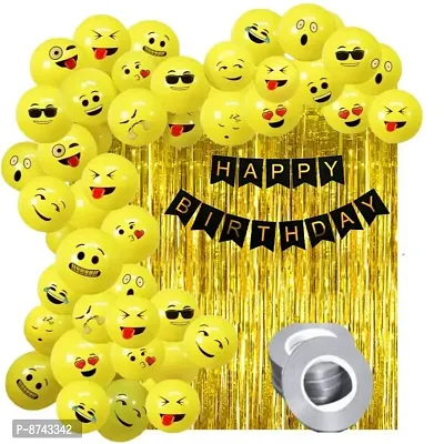 Happy Birthday Decoration Combo set of 1pc Happy Birthday Black Banner, 30pcs Smiley Emoji Balloons, 2pcs Golden Fringe/Curtains  Free Gift 1pc Curling Ribbon Party Supplies