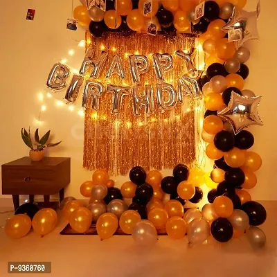 Stylish Happy Birthday Decoration set of 1 Piece Happy Birthday Silver Foil,30 Pieces Golden,Black and White Metallic Balloons,2 Pieces Silver Stars, 2 Pieces Golden Curtains