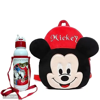 Miss India Mickey Red Kids Backpack With Free Water Bottle|Soft Velvet Fabric Kids School Bag/Nursery/Picnic/Carry/Travelling School Bag-(2-5 Years Age)