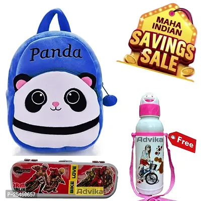 Kids School Bag Cute Blue Panda Geometry Box  Free With Bottle Backpacks for Girls/Boys/Animal Cartoon Mini Travel Bag Backpack for Kids Girl Boy (2-6 Years)