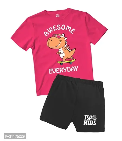 Fabulous Pink Printed Cotton T-Shirts with Shorts For Boys-thumb0