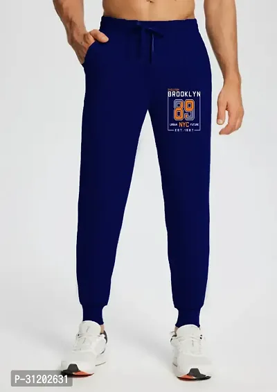 Stylish Navy Blue Cotton Blend Printed Regular Track Pant For Men-thumb0