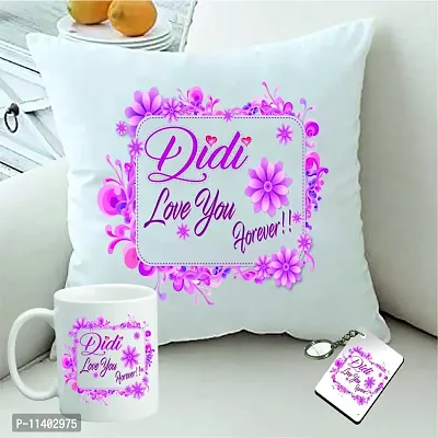 Picrazee ?Didi Love You Forever? Gift for Sister on Her Birthday (1 pc 12?x12? Satin Cushion with Filler, Coffee Mug& Key Ring) (Didi Love You Forever)