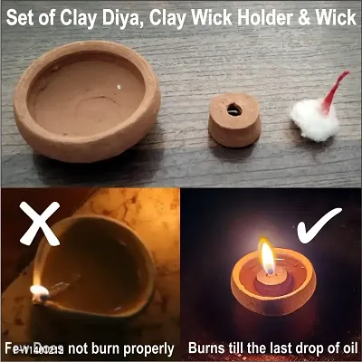 MustHaves Handmade Earthen Clay Diya | Deepak | Diwali Diya | Oil Lamp for Pooja | Decoration - Set of 21 Pcs with Cotton Wick/Batti & Wick Holder (Clay 21 pcs)-thumb2