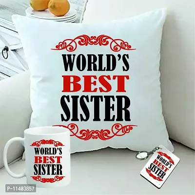 Picrazee ?World?s Best Sister? Gift for Sister on Her Birthday (1 pc 12?x12? Satin Cushion with Filler, Coffee Mug& Key Ring) (World?s Best Sister)