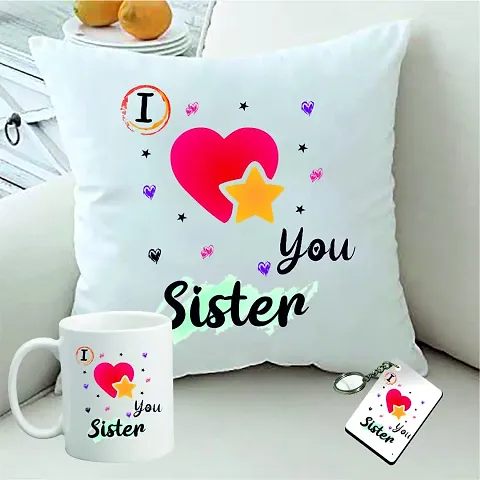Picrazee “World’s Best Sister” Gift for Sister on Her Birthday (1 pc 12”x12” Satin Cushion with Filler, Coffee Mug& Key Ring)