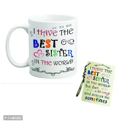 Picrazee ""Best Sister in The World"" Printed Mug Gift Combo | Bhai Dooj Gift for Sister | Combo | didi | Sis (1 Printed White Ceramic Mug, 1 Printed Key Ring)