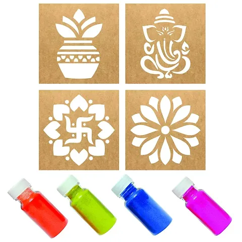 MustHaves Wooden Rangoli Stencils with Color Rangoli Making Kit with Rangoli Colour for Diwali Decoration (Stencils 4 pcs-4x4 inches, Rangoli-4 Colors, Total 100gm)