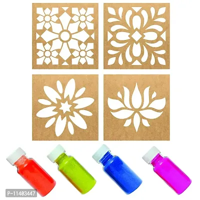 MustHaves Wooden Rangoli Stencils with Color Rangoli Making Kit with Rangoli Colour for Diwali Decoration (Stencils 4 pcs-6x6 inches, Rangoli-4 Colors, Total 200gm) (WSC-56R)-thumb0