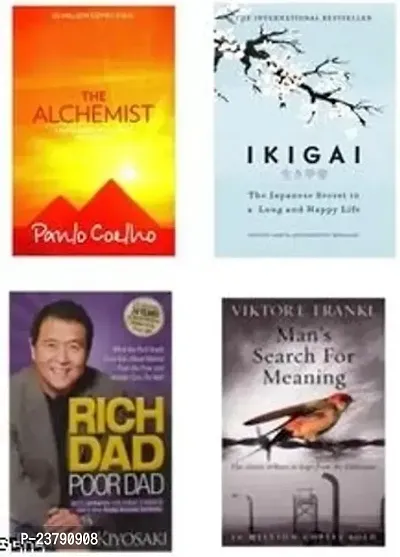 Combo set of 4 Books:- The alchemist + Ikigai + Rich Dad Poor Dad + Men's search For Meaning (Paperback)-thumb0