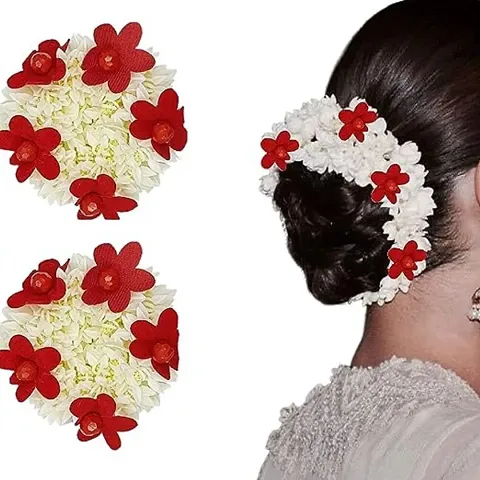 VASH GIRLYZ Attire Artificial Off White Jasmine Flower with Red Rose Garland/Gajra Hair Bun Accessories for Women and Girls