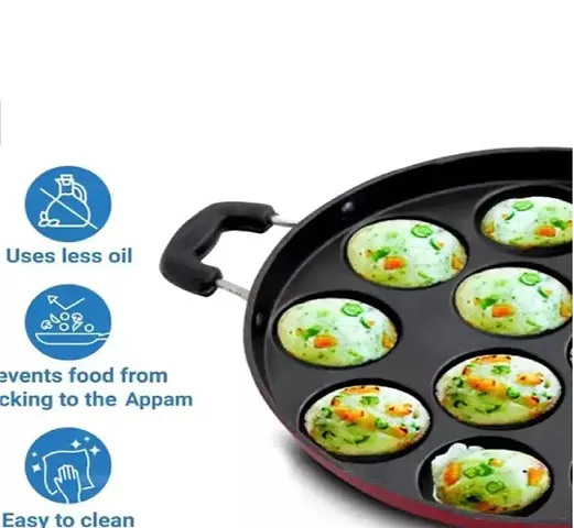 Non-Stick 12 Cavities Appam Tava & Dosa Tawa with Lid Red