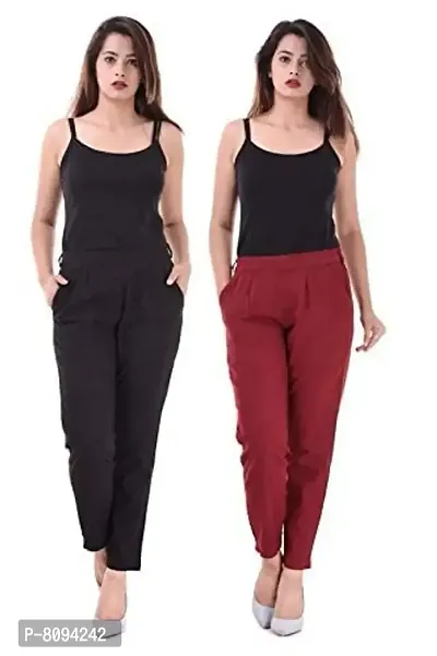 Real Bottom Women Regular Fit Elastic Waist Cotton Formal Trouser (Black, Maroon) (Pack of 2) Solid Pant