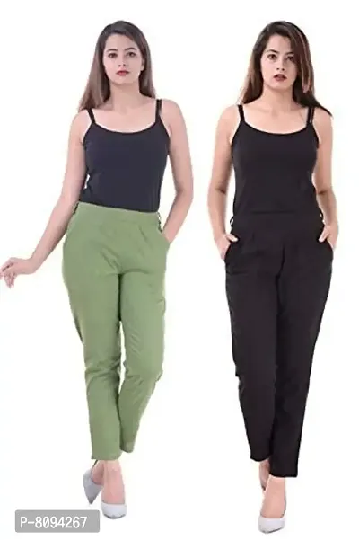 Real Bottom Women Regular Fit Elastic Waist Cotton Formal Trouser (Black, Olive) (Pack of 2) (X-Large) Solid Pant