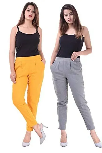 Real Bottom Women Regular Fit Elastic Waist Cotton Formal Trouser (Pack of 2) Solid Pant (All)