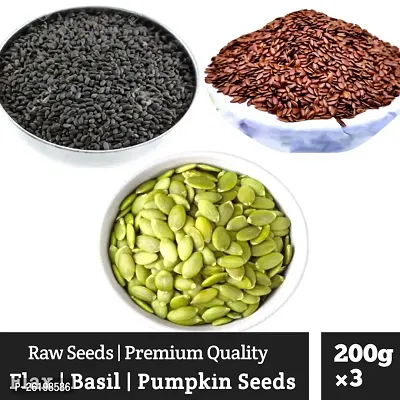ruitzvilla Natural Pumpkin Seeds , Basil Seeds  Flax Seeds Combo 600 g (Pack of 3 Each 200gm ) 100% Organic