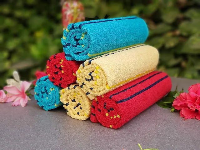 KSC Shop Premium Multicolor Cotton Hand Towels Set of 6 | Stripe Design | Bathroom Towel | Bathroom Napkins | (Yellow, Red and Sky Blue)