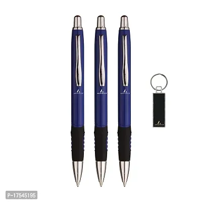 ADALRICH VELOCITY BLUE Metal Ball Pen Set of 3 | Free Metal Key Chain | Good pen for smooth, fine writing | Shining Body with Steel Parts | Tik-tic Mechanism | Single Pen Gift box | Plastic Jotter refill