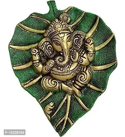 WOWWOW Metal Design Lord Ganesha on Leaf Patta Wall Hanging Showpiece for Home Decor (14 X 18) cm