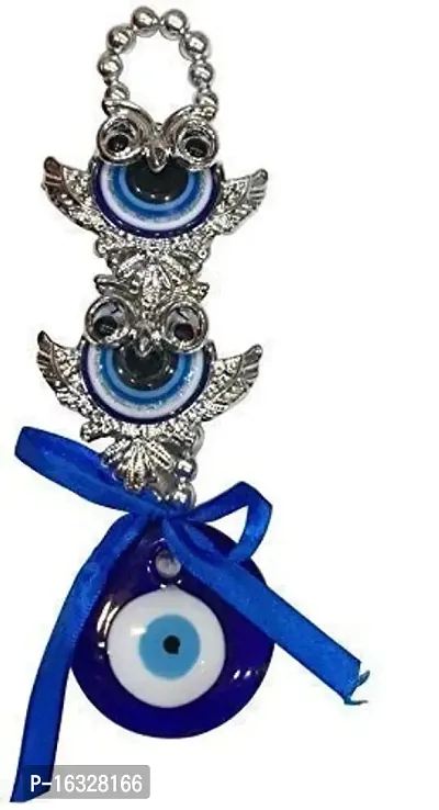 WOWWOW fengshui Silver Blue Two Double owl Evil Eye Hanging Home car Door Office Decoration for Good Luck and Prosperity