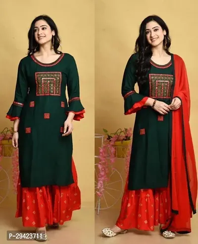 Women's Rayon Calf Length Ethnic Kurta Palazzo Set with Dupatta - Dark Green-thumb0