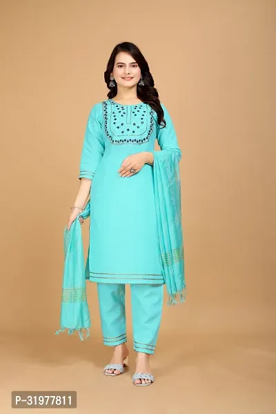 Stylish Cotton Embroidered Kurta, Bottom and Dupatta for Women-thumb0