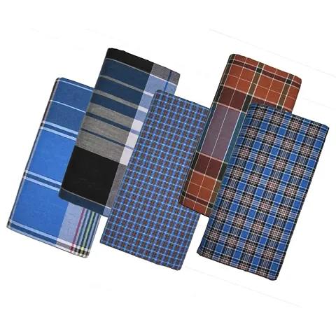 Peerless Mens Lungi combo pack of 5 / Blue Checkered / 2 Meters / Stitched
