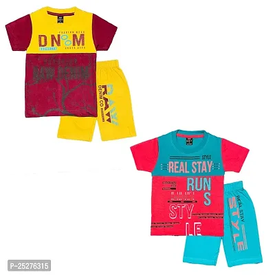 Classic Cotton Printed T-Shirts with Shorts for Kids Boys, Pack of 2