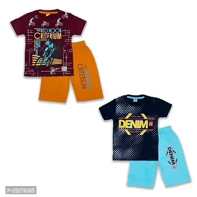 Classic Cotton Printed T-Shirts with Shorts for Kids Boys, Pack of 2