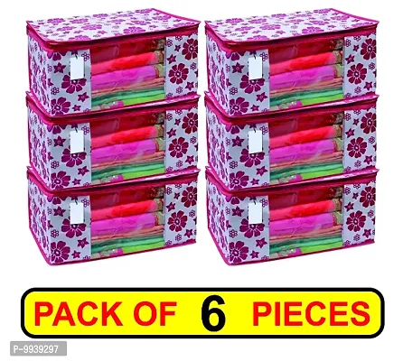 Flower Design 6 Piece Non Woven Fabric Saree Cover Set with Transparent Window, Extra Large, Pink-thumb0
