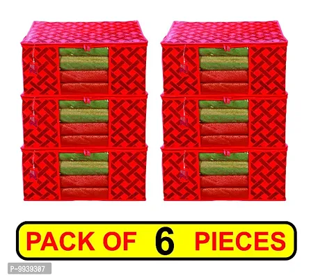 6 Piece Non Woven Fabric Saree Cover/Clothes Organiser for Wardrobe Set with Transparent Window, Extra Large,(Red  Black)-thumb0