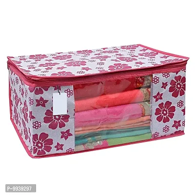 Flower Design 6 Piece Non Woven Fabric Saree Cover Set with Transparent Window, Extra Large, Pink-thumb2