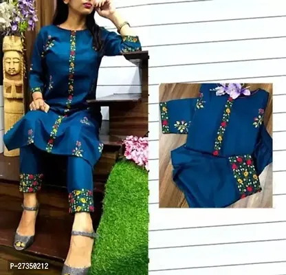 Stylish Blue Rayon Embroidered Straight Kurti With Pant For Women-thumb0