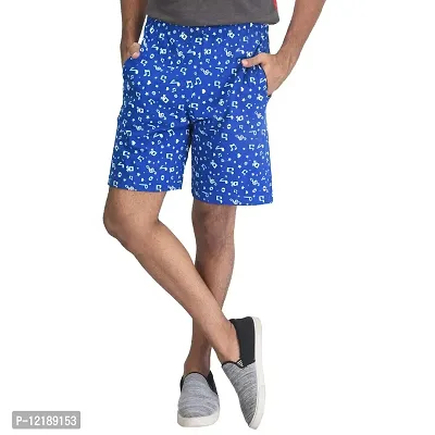 SDS Fashion Mens Soft Cotton Royal Blue Printed Shorts with 2 Pockets, Left Pocket with Chain, Elastic Waist Half Pants-thumb0