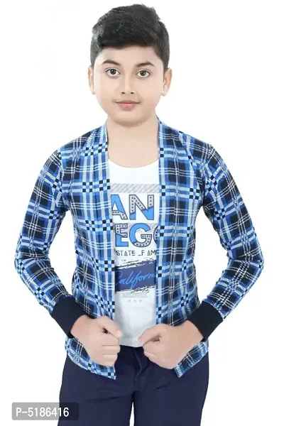 Boy's Full Sleeve Cotton printed Round Neck T-Shirt with blue checked Jacket Shrug Look Smart and Comfortable for any Casual and Festive Purpose
