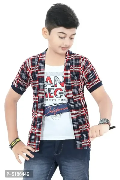 Boys Half Sleeve Cotton white Printed T-Shirt with Red checked Jacket Shrug Looks Smart and Comfortable for Any Casual and Festive Purpose-thumb0
