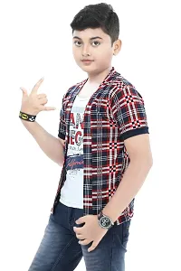 Boys Half Sleeve Cotton white Printed T-Shirt with Red checked Jacket Shrug Looks Smart and Comfortable for Any Casual and Festive Purpose-thumb2