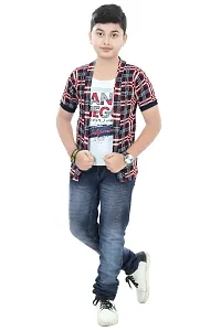 Boys Half Sleeve Cotton white Printed T-Shirt with Red checked Jacket Shrug Looks Smart and Comfortable for Any Casual and Festive Purpose-thumb3
