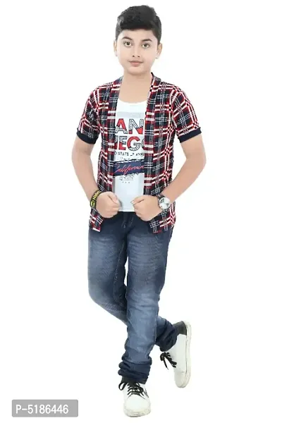 Boys Half Sleeve Cotton white Printed T-Shirt with Red checked Jacket Shrug Looks Smart and Comfortable for Any Casual and Festive Purpose-thumb4