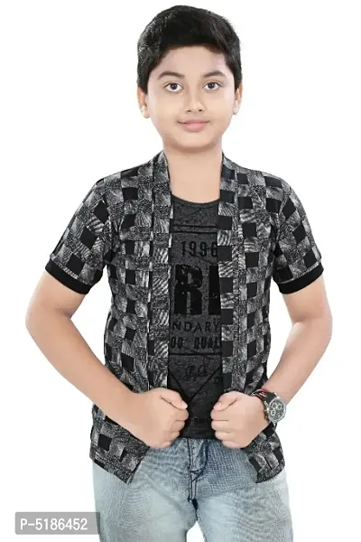 Boys Half Sleeve cotton Grey printed t-shirt with Checked jacket shrug. You can wear this t-shirt for any casual and festive purpose. Light weight fabric sweeps sweat away from your skin. This T-Shirt