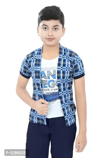 SDS Fashion Boys Half Sleeve Cotton white Printed T-Shirt with Blue checked Jacket Shrug Looks Smart and Comfortable for Any Casual and Festive Purpose