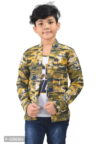 Boy's Full Sleeve Cotton white Printed T-Shirt with yellow Jacket-thumb0