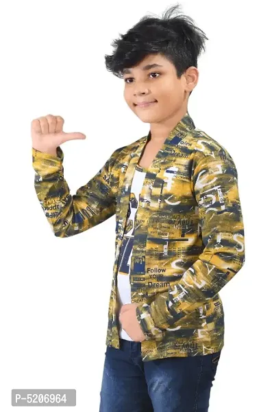 Boy's Full Sleeve Cotton white Printed T-Shirt with yellow Jacket-thumb3
