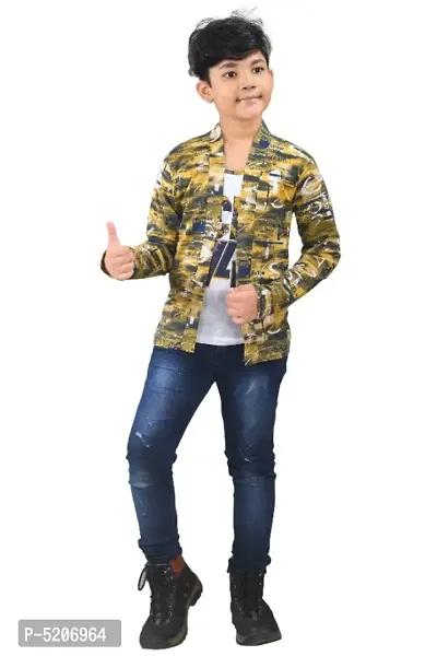 Boy's Full Sleeve Cotton white Printed T-Shirt with yellow Jacket-thumb4