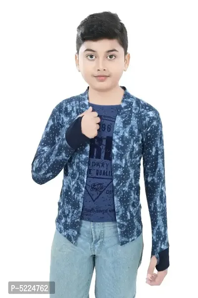 SDS Fashion Boy's Full Sleeve Cotton Blue Printed T-Shirt with Printed Jacket Shrug and Navy Blue Ribs