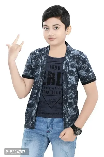 SDS Fashion Boy's Half Sleeve Cotton Grey Printed Round Neck T-Shirt with Printed Jacket Shrug and Black Ribs